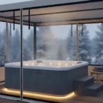 Clear Vinyl Curtains for Hot Tubs and Spas – How to Enclose for Winter with a modern square frame and glowing spa lights