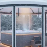 Clear Vinyl Curtains for Hot Tubs and Spas – How to Enclose for Winter with a round enclosure blocking snow and wind