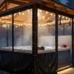 Clear Vinyl Curtains for Hot Tubs and Spas – How to Enclose for Winter with black-trimmed panels and warm lighting in snowy weather