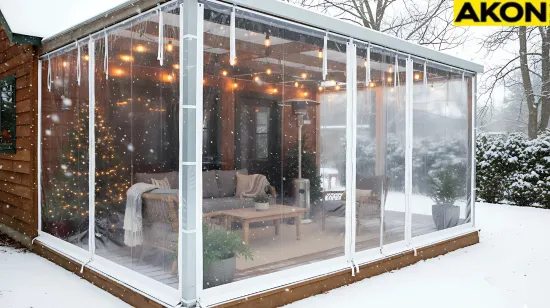Clear vinyl patio enclosure on a louvered pergola in snowy backyard – Winterizing a Louvered Pergola – What Works and What to Avoid