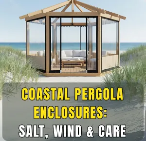 Coastal pergola enclosure with clear panels designed to withstand salt air, wind, and beachside weather
