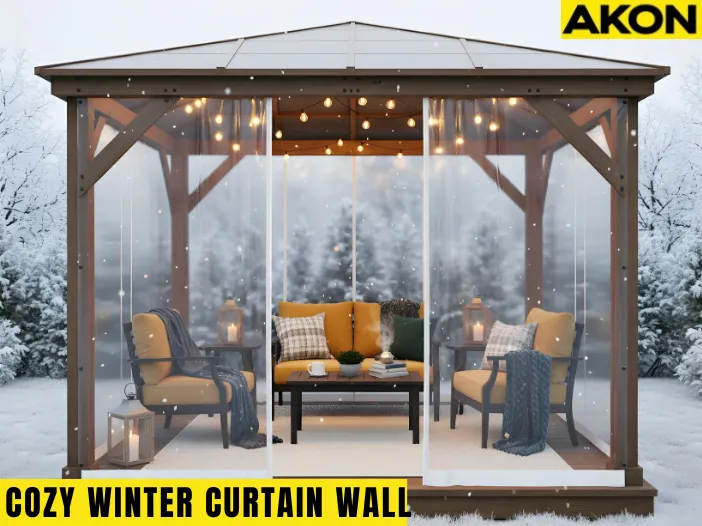 Convert a gazebo to a cozy winter room with removable PVC panels, featuring clear vinyl walls, warm lighting, and outdoor furniture in a snowy setting