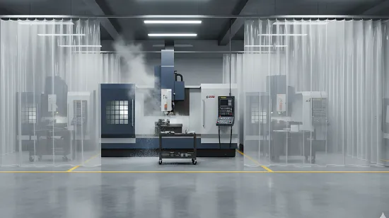 Coolant Spray Containment Solutions for Machining Zones Without a Top Rail using clear vinyl curtain walls around CNC machines in an industrial shop