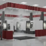 Coolant Spray Containment Solutions for Machining Zones Without a Top Rail using yellow and clear portable curtain systems around CNC machines
