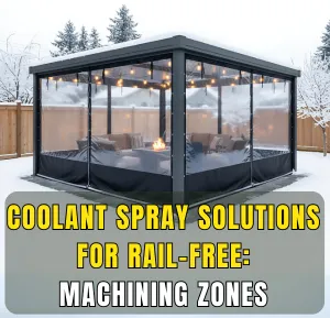 Coolant spray containment solutions for rail-free machining zones with clear vinyl enclosure system in snowy outdoor setting