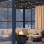 Corner pergola with clear vinyl panels and curtains for seasonal versatility in winter – Winter Pergola Enclosures Clear Vinyl vs. Polycarbonate vs. Curtains