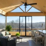 Covered patio gazebo with transparent vinyl winter walls enclosing a bar and lounge area, demonstrating Gazebo Winter Walls Best Options for Wind, Rain, and Cold in residential settings
