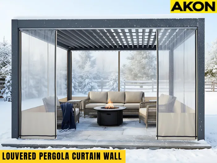 Cozy outdoor patio enclosed with roll-up clear patio curtains – keep your view in winter while blocking snow and wind for year-round comfort