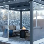 Cozy patio enclosed with Roll-up Clear Patio Curtains – Keep Your View in Winter, featuring outdoor seating, lights, and falling snow