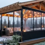 Cozy pergola enclosed with dark vinyl panels and string lights, illustrating how to seal pergola corners and gaps for a tight winter fit