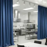 Curtain Walls for Blocking Off Cafeteria Equipment During Non-Use Hours, blue fabric curtains framing a clean commercial kitchen in a cafeteria