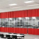 Curtain Walls for Blocking Off Cafeteria Equipment During Non-Use Hours, red panels with a clear vision band separating kitchen equipment from seating
