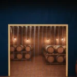 Curtain Walls for Wine Cellars or Barrel Aging Rooms in Shared Warehouses, creating a controlled storage space with stacked wine barrels for micro-wineries and hobby vintners