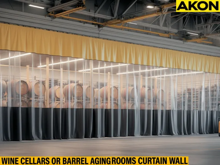 Curtain Walls for Wine Cellars or Barrel Aging Rooms in Shared Warehouses, featuring transparent dividers that reveal stacked oak barrels in a large warehouse environment