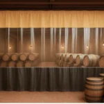 Curtain Walls for Wine Cellars or Barrel Aging Rooms in Shared Warehouses, featuring transparent dividers that separate oak barrel storage with brick walls, lantern lighting, and a warm cellar atmosphere for micro-wineries and hobby vintners