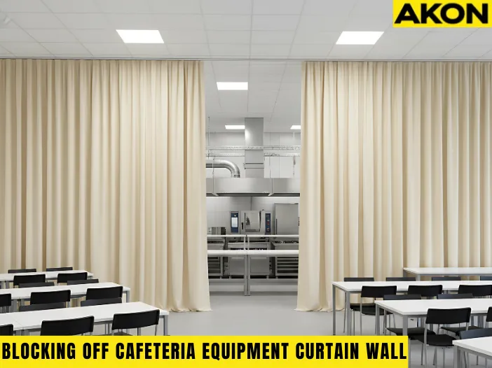 Curtain walls for blocking off cafeteria equipment during non-use hours, shown separating a dining area from a kitchen with beige vinyl partitions