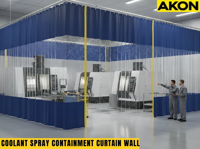 Custom Coolant Spray Containment Solutions for Machining Zones Without a Top Rail featuring blue and yellow modular curtain walls