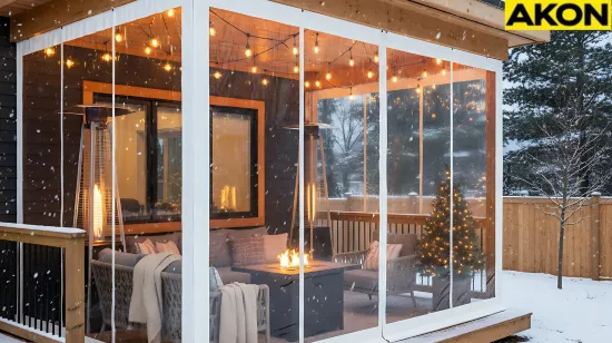 Custom red-and-clear vinyl curtain enclosure on louvered pergola – Winterizing a Louvered Pergola – What Works and What to Avoid