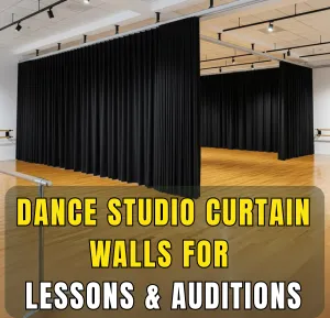 Dance studio with black curtain walls creating private spaces for lessons, practice, and auditions