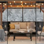 Enclosed gazebo with removable PVC panels, lantern lighting, and cozy chairs in winter Convert a Gazebo to a Cozy Winter Room with Removable PVC Panels
