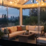 Evening gazebo with clear vinyl winter walls and string lighting, featuring Gazebo Winter Walls Best Options for Wind, Rain, and Cold while creating a warm and inviting outdoor space