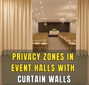 Event hall with beige curtain walls creating private zones for weddings, conferences, or ceremonies