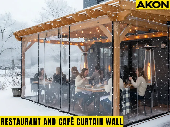 Extend Patio Season Restaurant and Café Enclosure Ideas for Winter with clear vinyl patio curtains keeping diners warm and comfortable in snowy weather