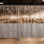 Extended Curtain Walls for Wine Cellars or Barrel Aging Rooms in Shared Warehouses, creating a divided space with rows of wooden wine barrels for micro-wineries and hobby vintner