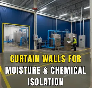 Factory using curtain walls for moisture control and chemical isolation around processing equipment