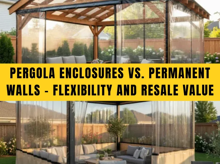 Featured image of a clear vinyl pergola enclosure with outdoor seating, highlighting Pergola Enclosures vs. Permanent Walls – Flexibility and Resale Value