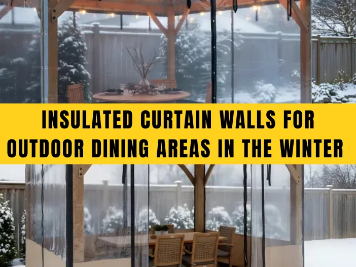 Featured image of insulated curtain walls for outdoor dining areas in the winter, showing a pergola enclosure with clear vinyl panels in snowy weather