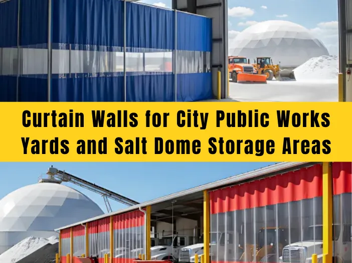 Featured image showing Curtain Walls for City Public Works Yards and Salt Dome Storage Areas with blue and red vinyl partitions enclosing municipal equipment