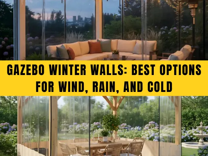 Featured image showing Gazebo Winter Walls Best Options for Wind, Rain, and Cold with clear vinyl panels protecting outdoor seating and dining spaces