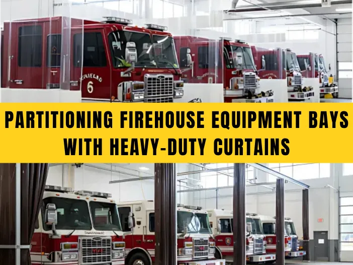 Featured image showing fire trucks in bays divided by heavy-duty curtains with bold text overlay reading Partitioning Firehouse Equipment Bays with Heavy-Duty Curtains