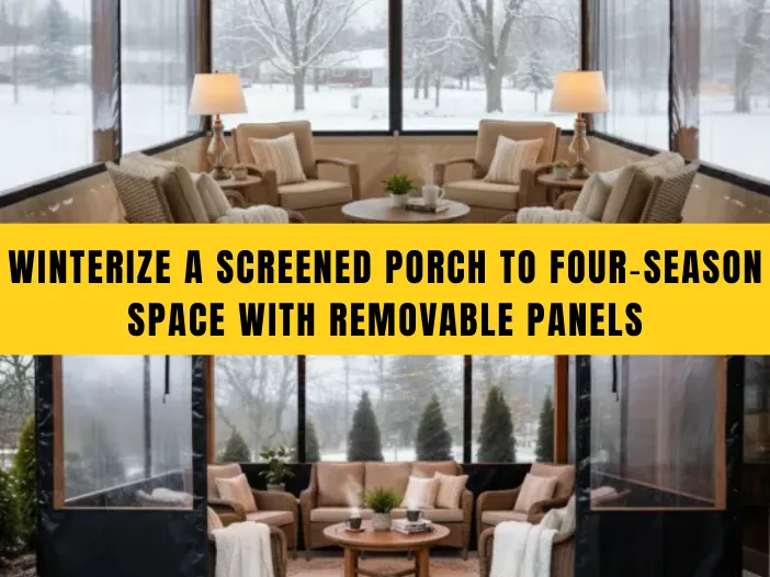 Featured image showing how to winterize a screened porch to four-season space with removable panels, creating a warm and inviting living area even in snowy weather