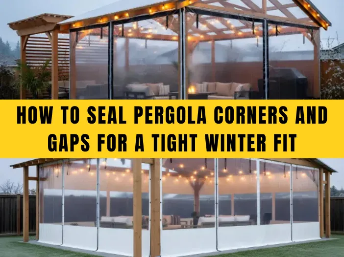 Featured image showing pergolas sealed with clear vinyl panels and text overlay, illustrating how to seal pergola corners and gaps for a tight winter fit