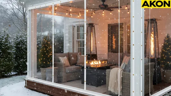 Full clear vinyl panel system on louvered pergola in winter – Winterizing a Louvered Pergola – What Works and What to Avoid