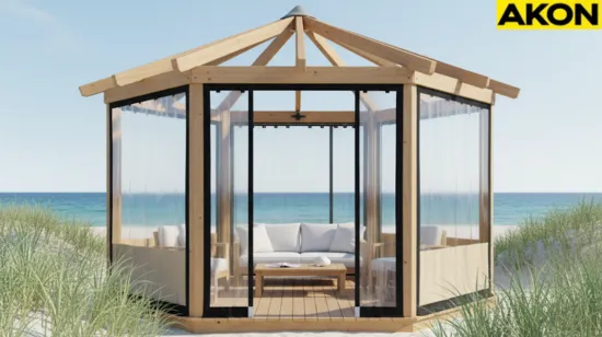 Gable-roof pergola with vinyl wall enclosures on the coast, protecting outdoor furniture from salt spray and strong winds