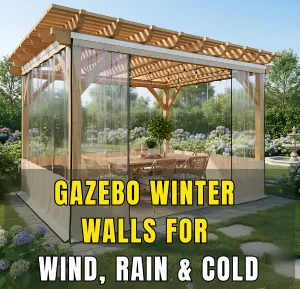 Gazebo enclosed with clear winter walls to protect against wind, rain, and cold weather