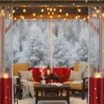 Gazebo winter enclosure with clear and red PVC panels, string lights, and seating Convert a Gazebo to a Cozy Winter Room with Removable PVC Panels