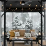 Gazebo with clear PVC panels, warm lighting, and cozy seating in winter snow Convert a Gazebo to a Cozy Winter Room with Removable PVC Panels