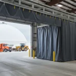 Gray industrial Curtain Walls for City Public Works Yards and Salt Dome Storage Areas providing flexible separation inside a municipal maintenance building