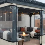 Gray pergola with beige insulated vinyl side panels keeping outdoor seating warm – Pergola Side Panels Temporary Winter Solutions That Look Built-In