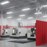 Heavy-duty Coolant Spray Containment Solutions for Machining Zones Without a Top Rail with yellow curtain walls and black lower panels