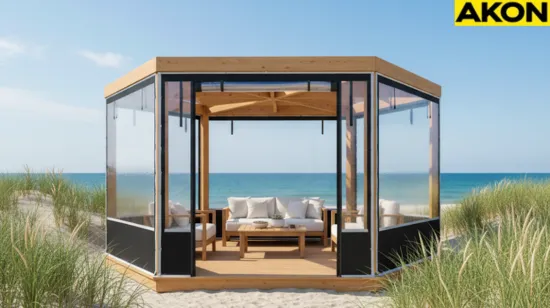Hexagon-shaped pergola with black-trimmed vinyl panels at the beach, providing enclosure for salt, wind, and coastal care