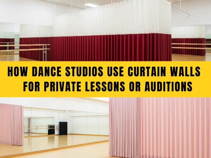 How dance studios use curtain walls for private lessons or auditions, illustrated with multiple examples of pink and red fabric dividers in mirrored studios