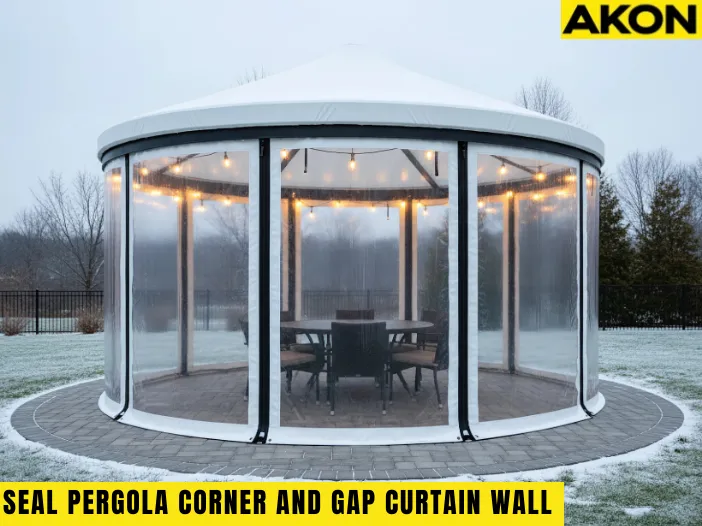 How to seal pergola corners and gaps for a tight winter fit with clear vinyl curtain walls enclosing a round pergola to block drafts and cold air