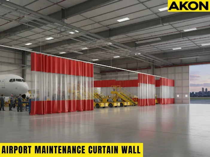 Industrial Curtain Walls for Airport Maintenance Hangars and Staging Areas dividing an aircraft hangar into modular zones with equipment and staging areas visible
