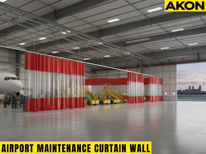 Industrial Curtain Walls for Airport Maintenance Hangars and Staging Areas dividing an aircraft hangar into modular zones with equipment and staging areas visible