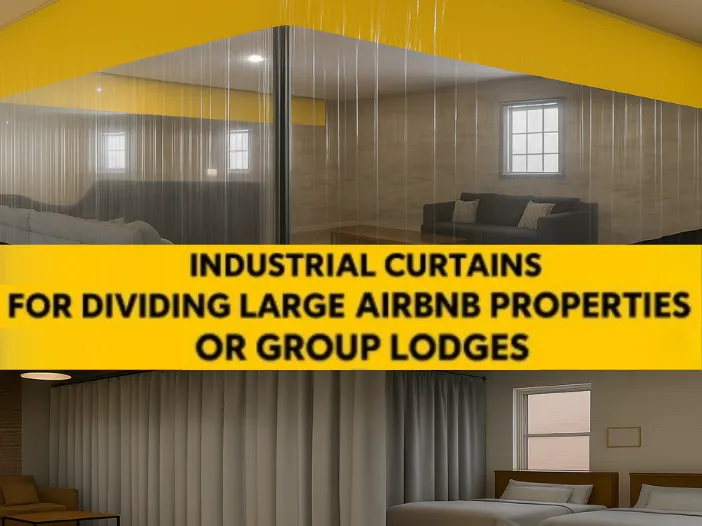 Industrial Curtains for Dividing Large Airbnb Properties or Group Lodges, showing flexible curtain wall setups that create private guest areas in shared rental spaces